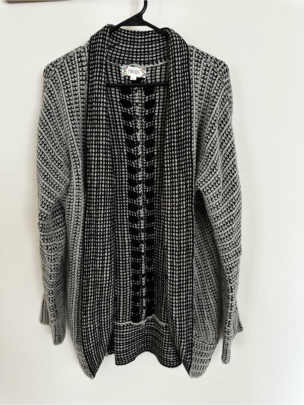 Pink Rose Black & White Open-Front Knit Cardigan